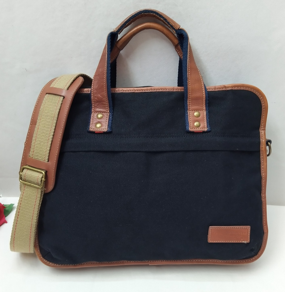Tommy Hilfiger Dark Blue Canvas Double Handles Zipper Messenger Laptop Bag